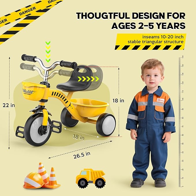 Tricycle for Toddlers 1-3 3-5 Year Olds, Construction Vehicle Toys Road Set Toddler Baby Balance Bike with Colorful Lighting Wheels & Large Basket, Birthday Gift and Toy for 1 2 3 4 5 Year Olds Boys