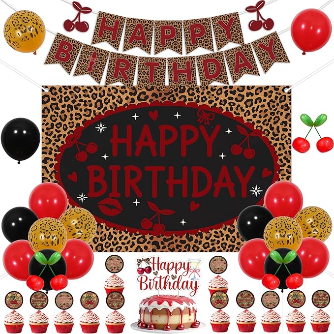 Cheereveal Cheetah Cherry Birthday Party Decorations Kit, Happy Birthday Leopard Backdrop Banner, Cherry Cake Topper Cupcake Picks, Safari Red Black Leopard Print Balloons for Girls Women Bachelorette