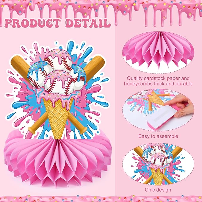 Faccito 10 Pcs Ice Cream Party Decorations 3D Ice Cream Drip Baseball Honeycomb Table Centerpieces Sport Themed Toppers for Summer Sport Birthday Party Supplies (Baseball)