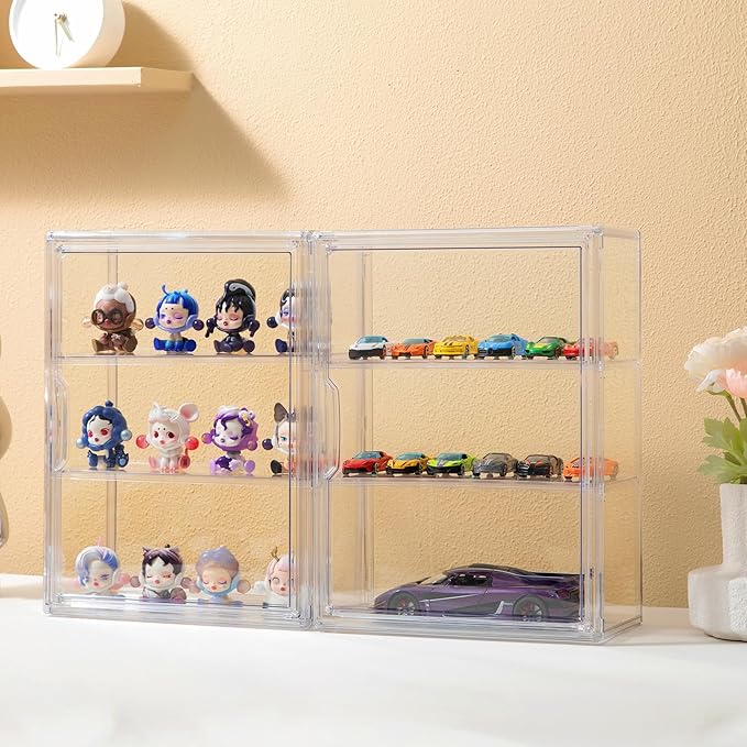 Attelite Acrylic Display Cases for Collectibles, 2 Pack 3 Layer Clear Display Case with Magnetic Door, Wall-Mounted Desktop Clear Showcase with 2 Adjustable Divider Storage Box for Action Figure