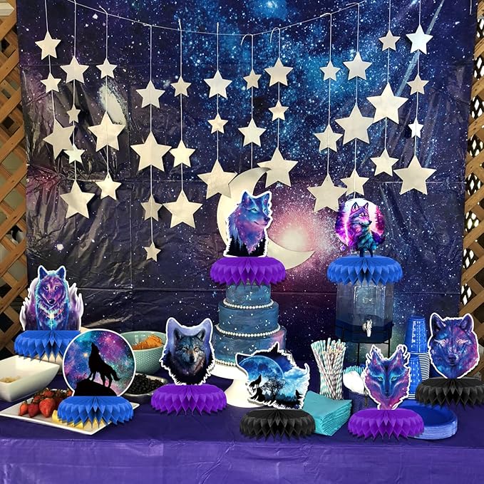 8 Pcs Galaxy Wolf Birthday Party Decoration, Starry Sky Wolf Theme Honeycomb Centerpieces 3D Double Sided Table Decorations, Animal Wolf Photo Booth Props for Kids Boys Girls Party Supplies