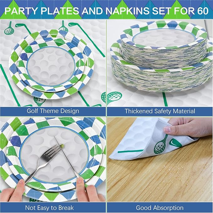 180Pcs Golf Party Supplies Paper Plates and Napkins Serve 60 Disposable Tableware Set for Birthday Party Decorations Game Day Family Holiday Sports Events