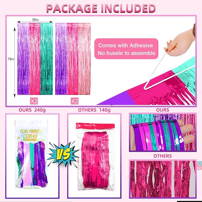 Cute Dollhouse Birthday Decorations, 4 Pack Dollhouse Party Photo Booth Prop, Purple Pink Teal Fringe Curtains Tinsel Photo Streamers Backdrop for Cat Doll House Party Supplies