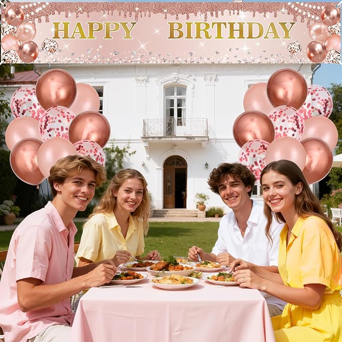 Rose Gold Birthday Decorations Banner with Personalized Letter Stickers and Balloons DIY Rose Gold Happy Birthday Yard Banner Custom Bday Sign for Girls Women Bday Party Supplies Outdoor