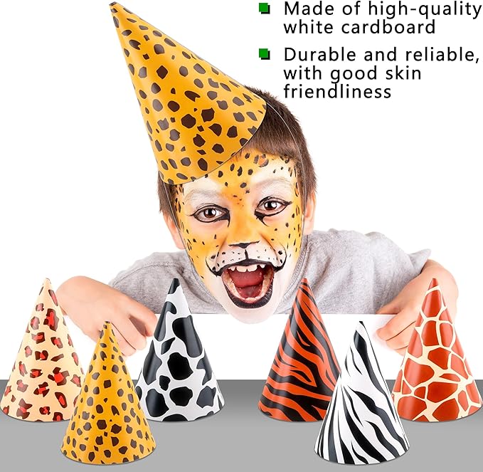 60 Pcs Jungle Party Cone Hats Leopard Print Paper Party Hats Safari Theme Birthday Party Cone Paper Hats for Kids Adults Jungle Animal Theme Party Supplies