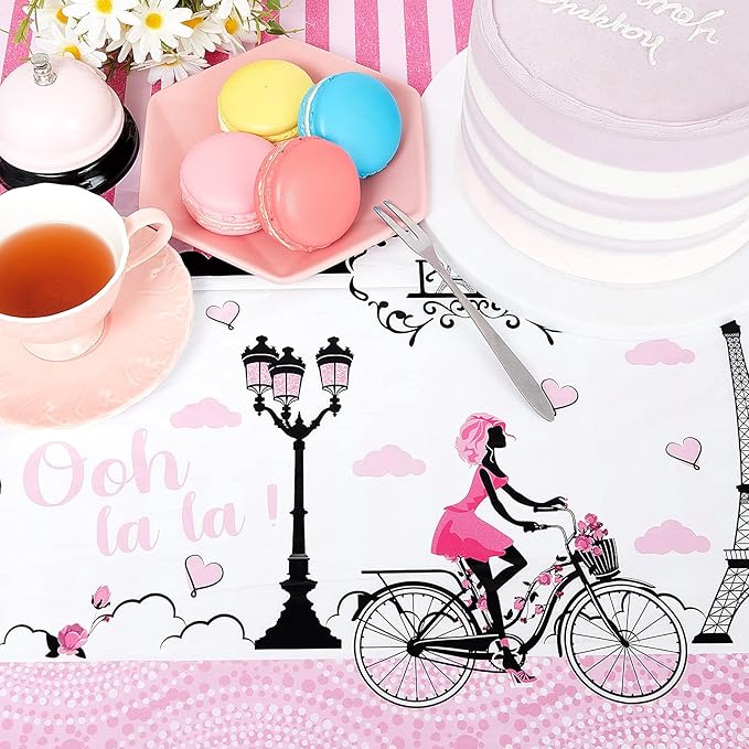 Paris Birthday Decorations Eiffel Tower Tablecloths Pink Paris Theme Eiffel Tower Plastic Disposable Rectangle Table Covers for Baby Shower Wedding Girl Birthday Party Favors Decorations Supplies