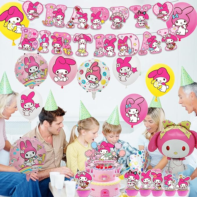 Melody Birthday Party Decorations, Kawaii Cartoon Party Supplies with Banner, Cupcake Cake Toppers and Foil Balloons Party Favors for Fans Birthday Background Decorations