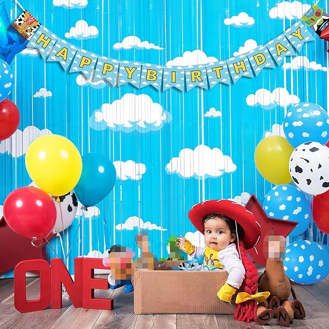 Cartoon Toy Inspired Story Birthday Party Decoration, 2 Pack Story Party Photo Booth Prop, Blue Sky White Cloud Fringe Curtains Tinsel Photo Streamers Backdrop for Cartoon Story Party Supplies