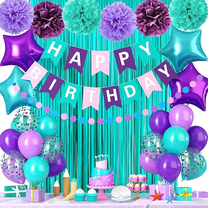 Mermaid Birthday Decorations,Purple Teal Blue Party Decorations for Women Girls with Purple Teal Blue Balloons Happy Birthday Banner Teal Fringe Curtain Tissue Paper Pompoms Star Garland