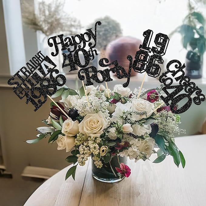 Gyufise 15Pcs Happy 40th Birthday Centerpiece Sticks Forty Straight Outta 1986 Table Flower Centerpieces Sticks Cheers to 40 Decorations for 40th Birthday Party Supplies Black
