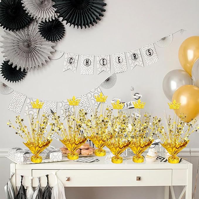 6 Pack Metallic Foil Spray Centerpiece Star Table Decoration Burst Table Centerpieces for Birthday Wedding Anniversary Graduation Holiday Party Supplies Decor (Golden Crown)