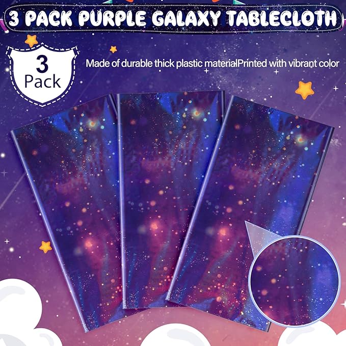 3Pcs Iridescent Space Tablecloths, Disposable Plastic Purple Galaxy Table Cloth Rectangle Table Covers for Space Starry Night Star Theme Party Birthday Party Decorations, 54x108 Inch