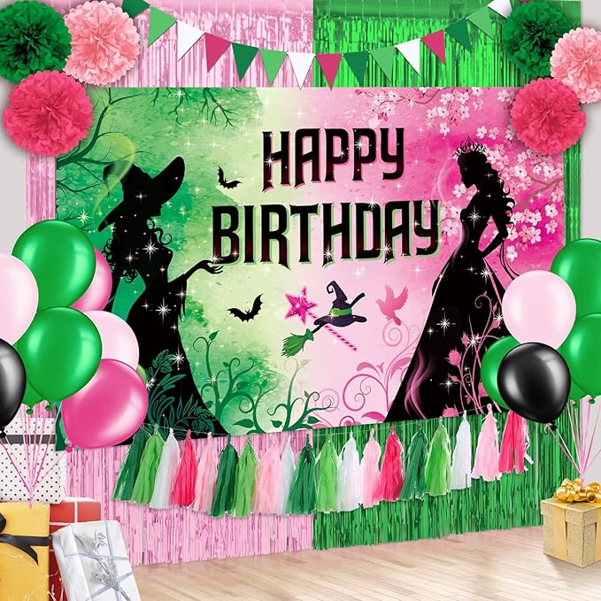 Pink and Green Birthday Party Decorations, Witch Themed Happy Birthday Backdrop Banner Balloons Paper Pom Poms Paper Tassel Foil Fringe Curtains for Girls Princess Birthday Party Supplies Decorations