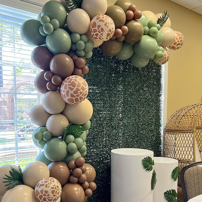 Jungle Balloons, Safari Balloons, Green Brown Balloons with Sage Green Brown Gold Ivory White Giraffe Printed Balloon for Boys Baby Shower Birthday Woodland Party Two Wild Decorations