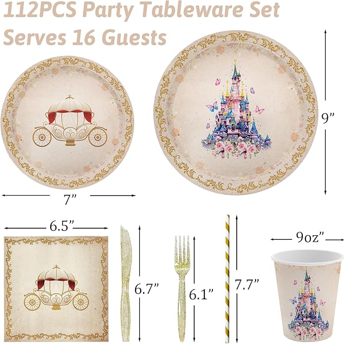 112 PCS Princess Party Plates Princess Birthday Decorations Once Upon a Time Castle Princess Party Tableware Set Purple Floral Napkins for Girl Baby Shower Party Decor Supplies Favors Serves 16