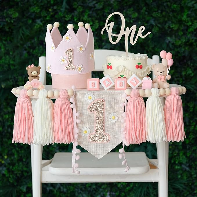Daisy 1st Highchair Wood Bead Tassel Garland Crown Hat Wooden Cake Topper Birthday Baby Shower Decorations