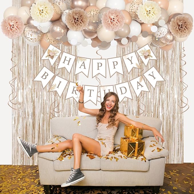 Birthday Decorations for Women, Beige Cream Neutral White Sand Confetti Balloons Boho Happy Birthday Banner Fringe Curtains Hanging Swirls Circle Dots Tassels Pompoms Women Girls Party Supplies