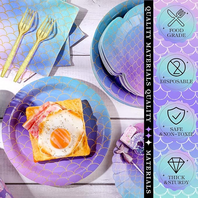 120 Pcs Mermaid Party Supplies Mermaids Themed Decorations Under the Sea Disposable Dinnerware Set Includes Plates Napkins Cups Fork for Birthday Party, Serves 24 Guests