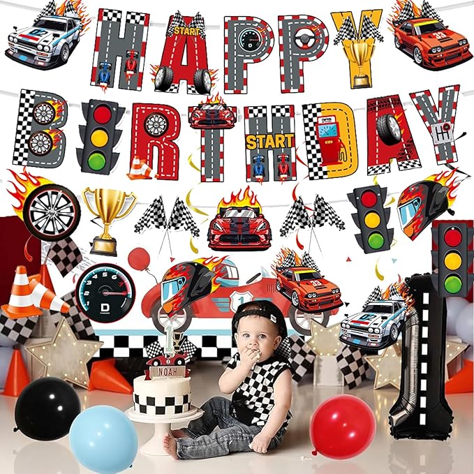 Zwiebeco Race Car Happy Birthday Banner Bunting Hanging Paper Swirls Garland Party Decorations for Racing Themed Boys Men Bday Baby Shower Decor Accessories Supplies