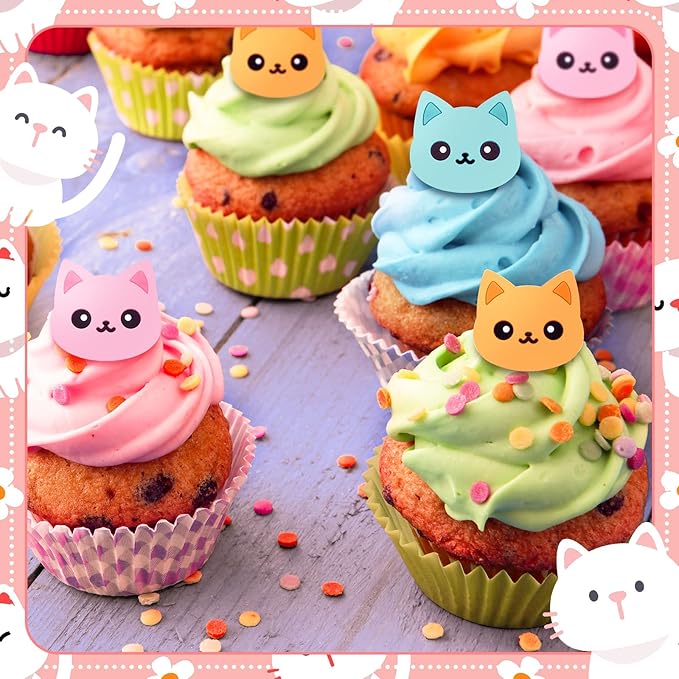 Chuangdi 48 Pieces Cat Cupcake Rings Cute cake Toppers Rings Colorful Cat Birthday Cupcake Decorations for Pet Themed Party Supplies, 4 Styles