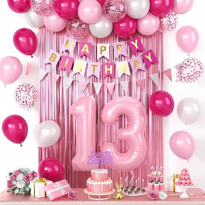 13th Birthday Decorations For Girls, Pink Happy Birthday Decorations With Number 13 Balloons Confetti Hot Pink Pearl White Balloons Fringe Curtain Banner Cake Topper For 13th Party Supplies