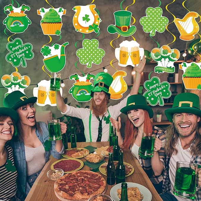 40Pcs St. Patrick's Day Hanging Swirl Decorations, Irish Lucky Shamrock Clover Ceiling Hanging Swirls St. Patrick's Day Foil Swirls Streamers for Irish Saint Patrick Party Decorations