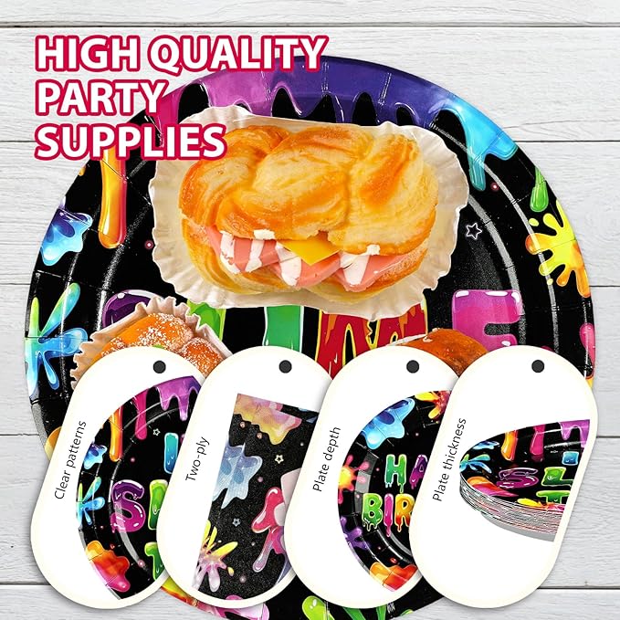 96Pcs Slime Birthday Party Supplies It's Slime Time Plates and Napkins Colorful Splash Splatter Theme Disposable Paper Tableware Set for Kids Boys Girls Birthday Party Decoration Serves 24