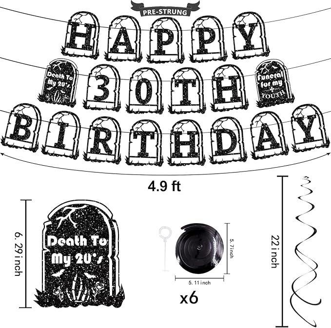 30th Birthday Death to My 20s Party Decorations, Pre-Strung Glitter Happy 30TH Birthday Banner, Black Hanging Swirls, Funeral for My Youth Party Supplies