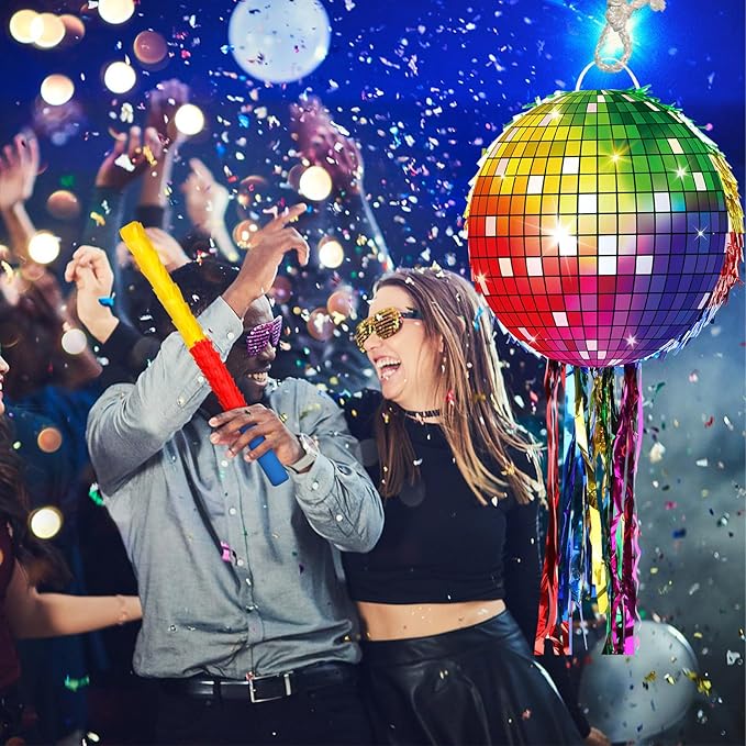 Colorful Disco Ball Pinata with Stick and Blindfold 80s 90s Theme Party Decorations Disco Pinata for Birthday Weddings Roller Skating Party Supplies
