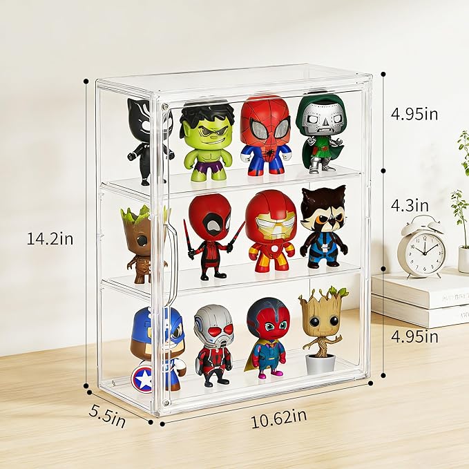 3 Tier Acrylic Display Case for Figures, Wall-Mounted Clear Storage Organizer Box with 2 Movale Plates & Magnetic Door, Display Cases for Collectibles Action Figure, 2 Pack