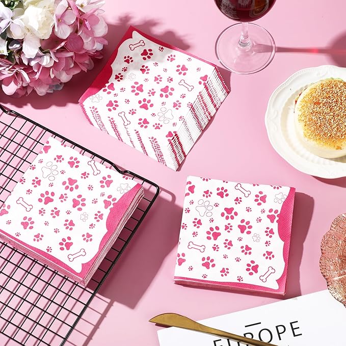 CHENGU 100 Pieces Paw Print Napkins 2 Layers Paw Print Party Supplies Farm Animal Party Napkins for Animal Themed Birthday Western Part, 5 x 5 Inch(Pink)