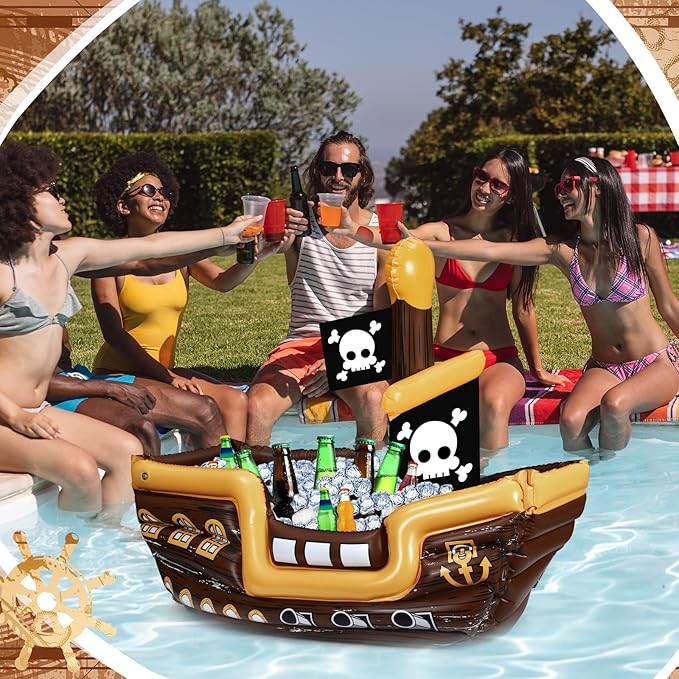 Zhanmai Inflatable Pirate Ship Drink Cooler Inflatable Serving Bar Food Container for Summer Carniva Mardi Gras Pirate Birthday Party Favor Supplies Decorations(Bright Colors,Fun)