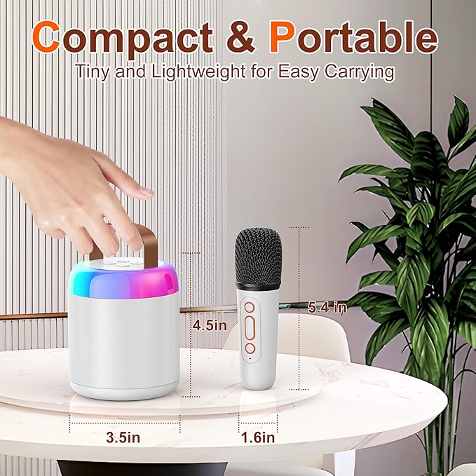 Karaoke Machine for Kids, Portable Bluetooth Speaker with 2 Wireless Microphones and LED Lights, Music Player Toys Gifts for Kids Ages 4, 5, 6, 7, 8, 9, 10+ Year Old Birthday Party (White)