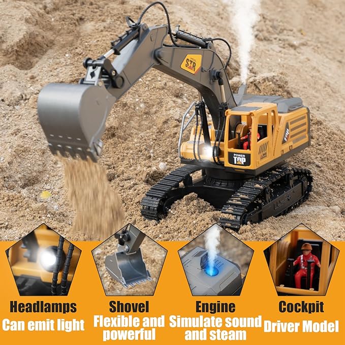 1:14 Remote Control Excavator Toys for Boys,14 Channel RC Digger Construction Toys Tractor,Simulated Smoke, Sound, Lighting, Metal Digging Head, for Boys 6 7 8 9 10 11 12