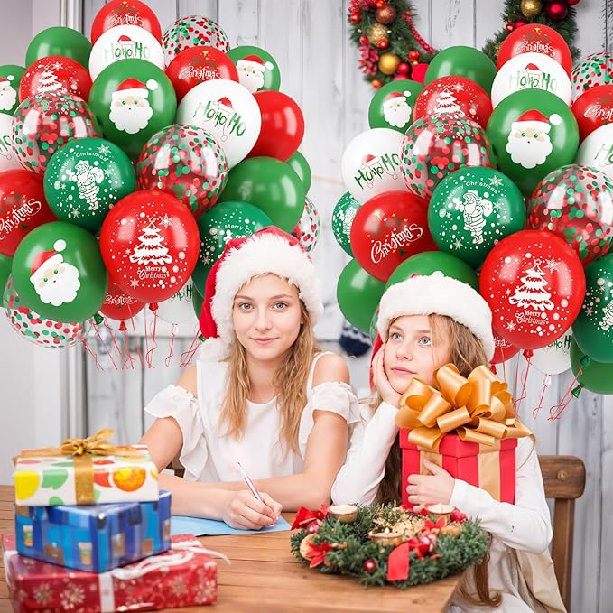 Merry Christmas Printed balloons, Red Green Confetti Balloon Set, 12 Inch Red Green White Latex Balloons Santa Claus Christmas Tree Printed Balloon Helium for Xmas Birthday New Year's Party Decoration