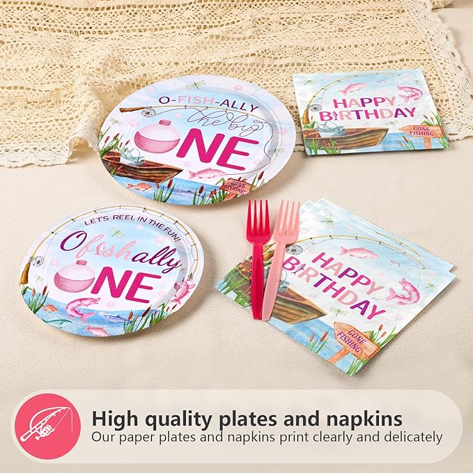 96 Pcs Ofishally One Birthday Decorations Gone Fishing 1st Party Plates and Napkins Set O Fishally First Birthday Decoration for Girls Baby Shower Little Fisherman One Years Old Supplies Serve 24
