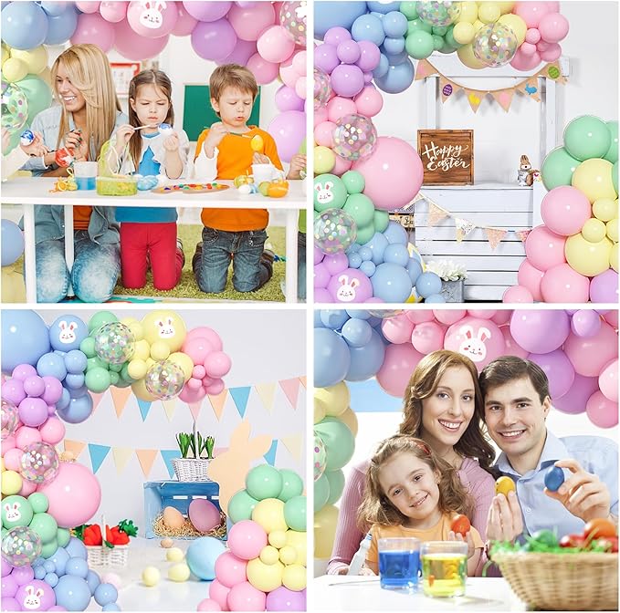 Amandir 153pcs Easter Balloon Arch Garland Kit, Different Sizes 18 12 10 5 inch Pink Blue Green Latex Rabbit Print Confetti Pastel Balloons for Spring Wedding Rainbow Birthday Party Decorations
