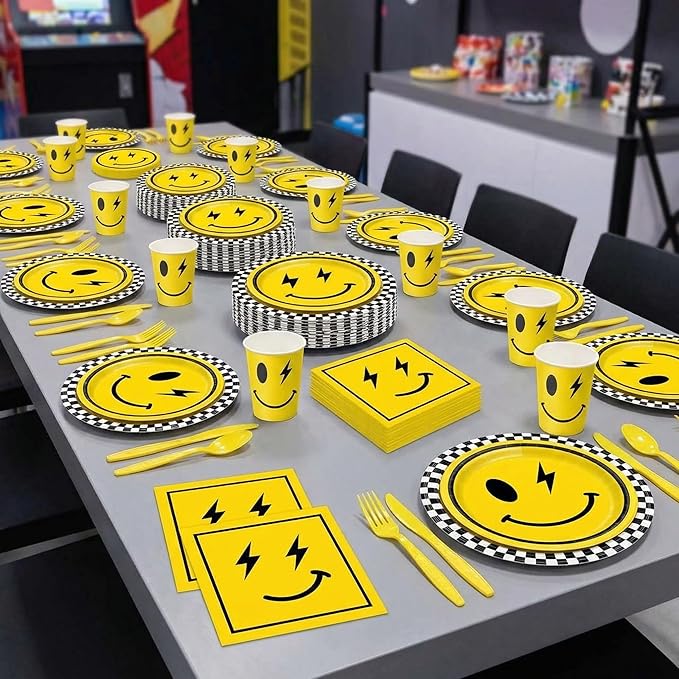 Yellow Smile Face Themed Party Decorations Supplies Happy Smile Face Themed Party Tableware Set Include Plates, Cups, Napkins,Cutlery and Straw for Baby Shower, Birthday Party Decorations Serves 24