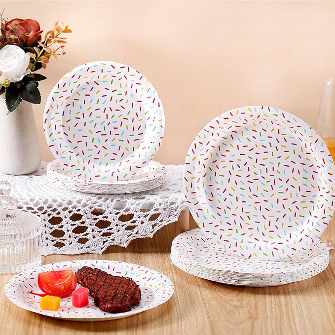 Zhehao 48 Pcs 7 Inch and 9 Inch Confetti Sprinkles Dessert Plates Set Sprinkles Paper Plates Decorations for Weddings Birthday Theme Party Supplies(Round)