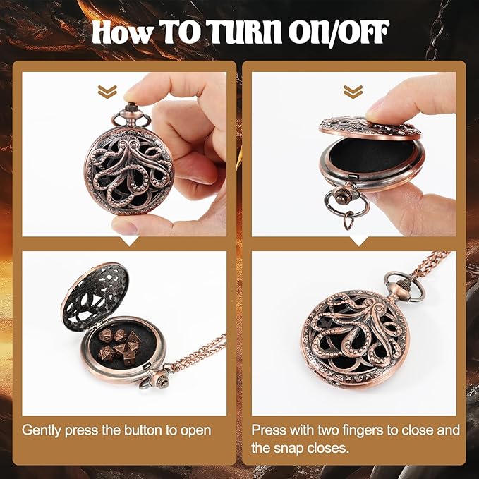 D&D Dice Set,7PCS Metal Dice for Dungeons and Dragons,Mini Dice Set with Pocket Watch Case,Role Playing Board Games Accessories (Octopus, Copper)
