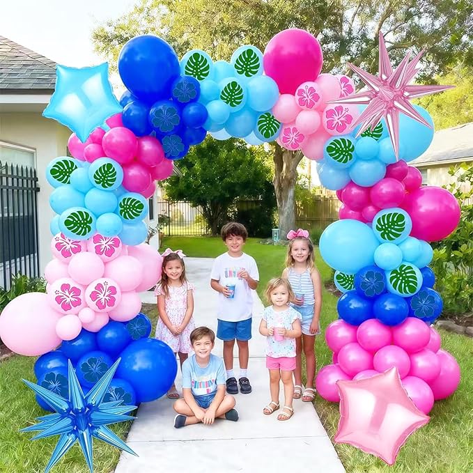 141 PCS Blue Pink Light Blue Balloon Garland Arch Kit, Hawaiian Cute Print Balloons for Cartoon Themed Birthday Party Decorations Boys Girls Gatherings Party Supplies