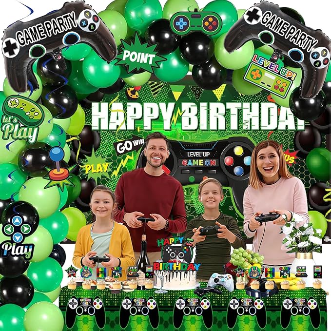77Pcs Video Game Birthday Party Decorations Kit – Gamer Party Supplies with Happy Birthday Backdrop, Hanging Swirls, Foil Balloons, Colorful Balloons, Table Cover & Cake Topper for Game Theme Party