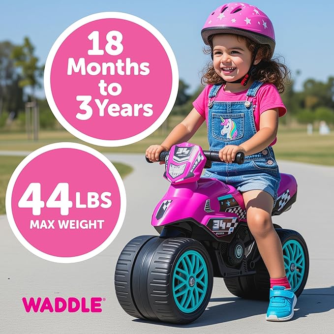 Waddle Kids Motorcycle Balance Bike - Toddler Ride on Toys w/Sounds, Wide Wheel Base, Rubber Coated Wheels, Foot to Floor Toddler Car Up to 44 Lbs, Motorbike for Kids Ages 18 Months to 3 Yrs, Pink