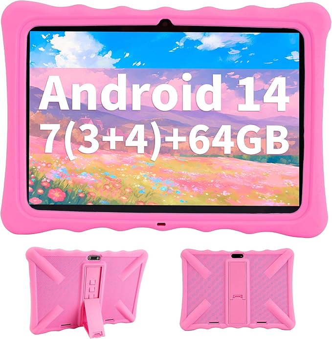 Veidoo Kids Tablet - 10.1 Inch IPS Eye-Care Screen, 7GB (3+4) RAM 64GB ROM 512GB Expandable, Dual Camera, WiFi 6, Octa-Core Parental Control Tablet Comes with Silicone Protective Cover(Pink)