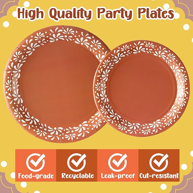 96Pcs Brown Platos De Barro Mexicanos Cielito Lindo Terracotta Clay Party Plates Supplies Tableware Decorations Disposable Paper Plates Napkins Forks for Birthday Baby Shower, Serves 24