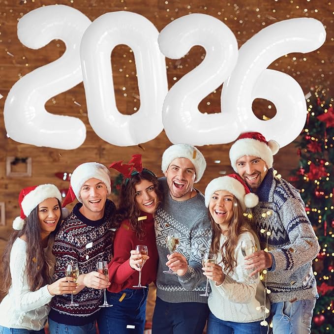 KALOR 32 Inch 2026 White Foil Number Balloons, 2026 New Years Decorations for 2026 Happy New Year Eve and Graduations Party Supplies
