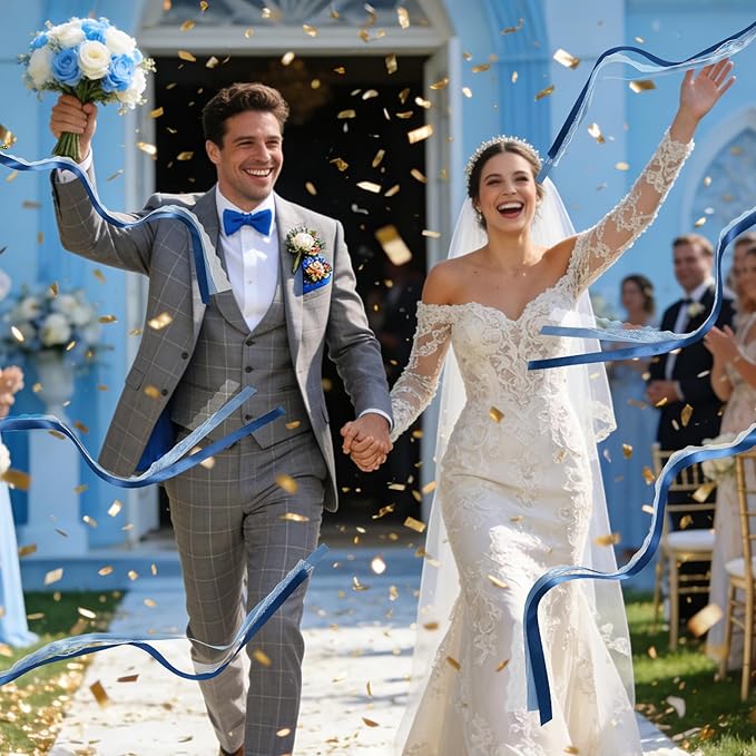50Pcs Ribbon Sticks Wands Streamers with Bells Silk Fairy Stick Party Ribbon Streamers for Wedding Party, Birthday and Holiday Activities-Blue