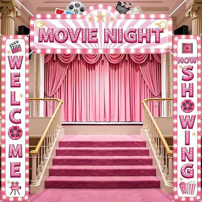 3Pcs Pink Movie Night Porch Banner Decoration Movie Theme Party Decorations Movie Theater Welcome Now Showing Door Banner Porch Sign Door Decor for Girls Film Theater Birthday Party Supplies