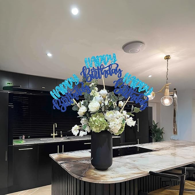 Gyufise 12Pcs Happy Birthday Centerpieces Sticks Double Sided Glitter Birthday Party Decorations Anniversary Table Flower Centerpiece for Celebrating Party Supplies Blue Dark Blue