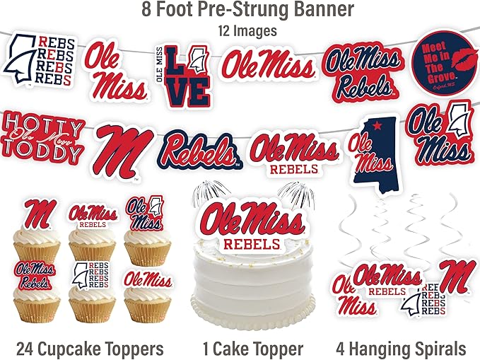 Ole Miss Party Supplies for Football, Birthday Gift, Graduation Party Banner and Cake Toppers (42 Pieces) (Ole Miss Rebels)